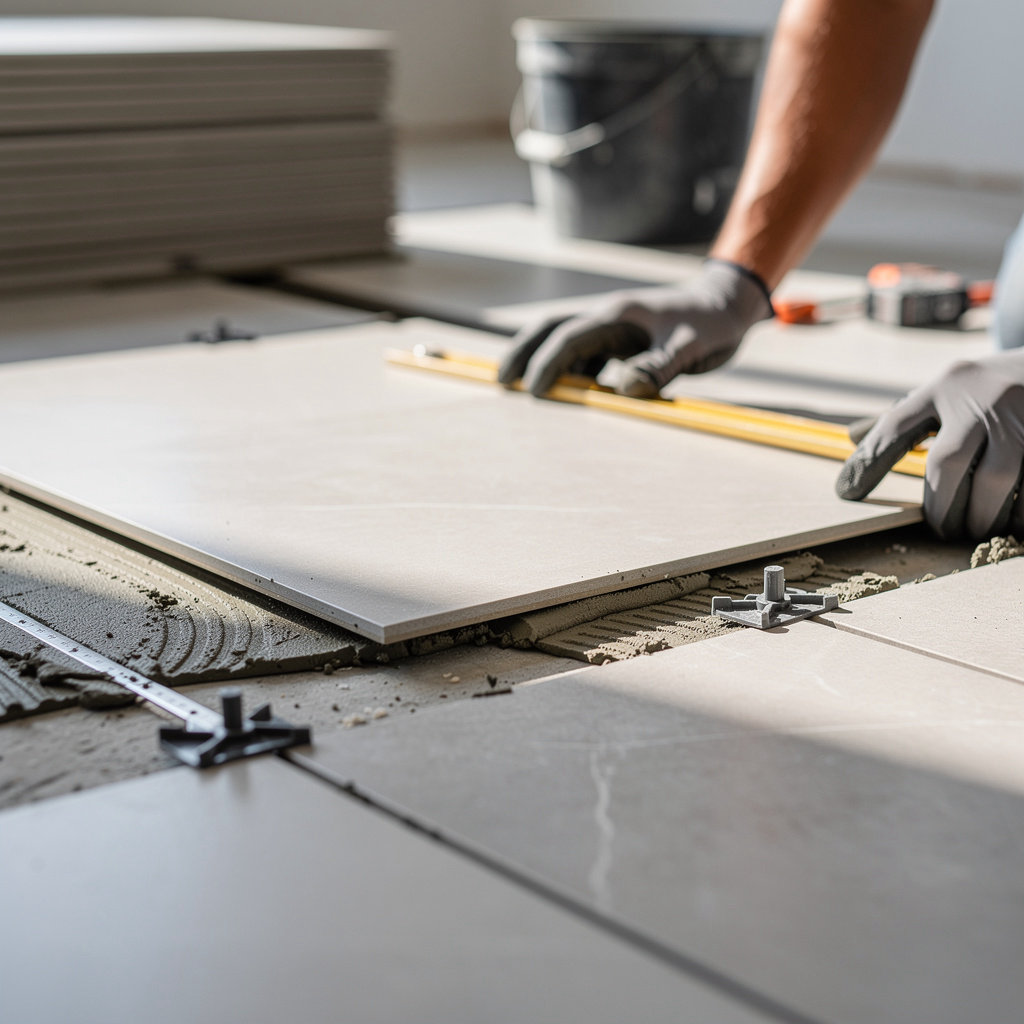 Jaramillo's Tile commercial tile installation in a Santa Barbara business lobby, showcasing durable, professional flooring