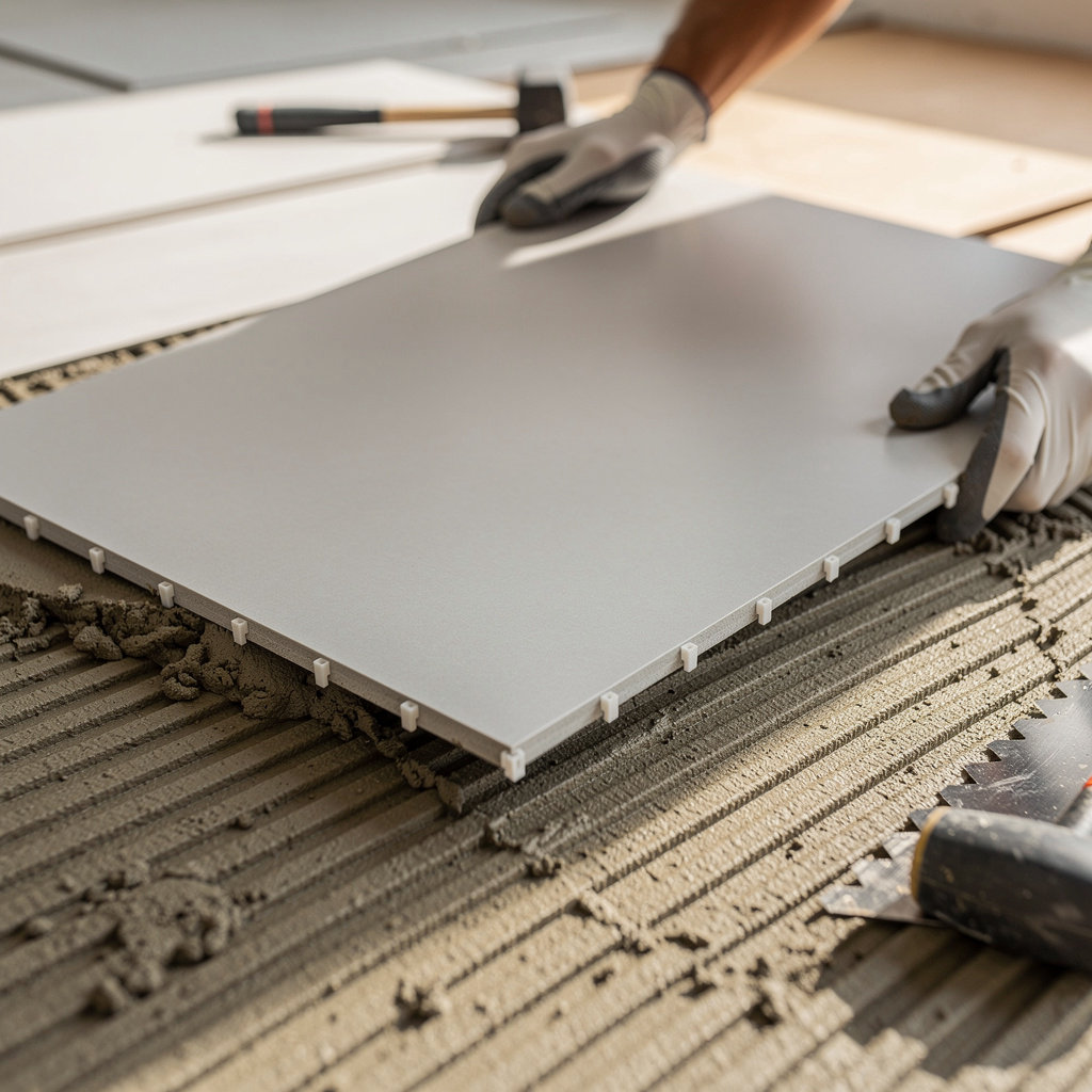 Jaramillo's Tile expert large format tile installation in a Santa Barbara home showcasing seamless flooring
